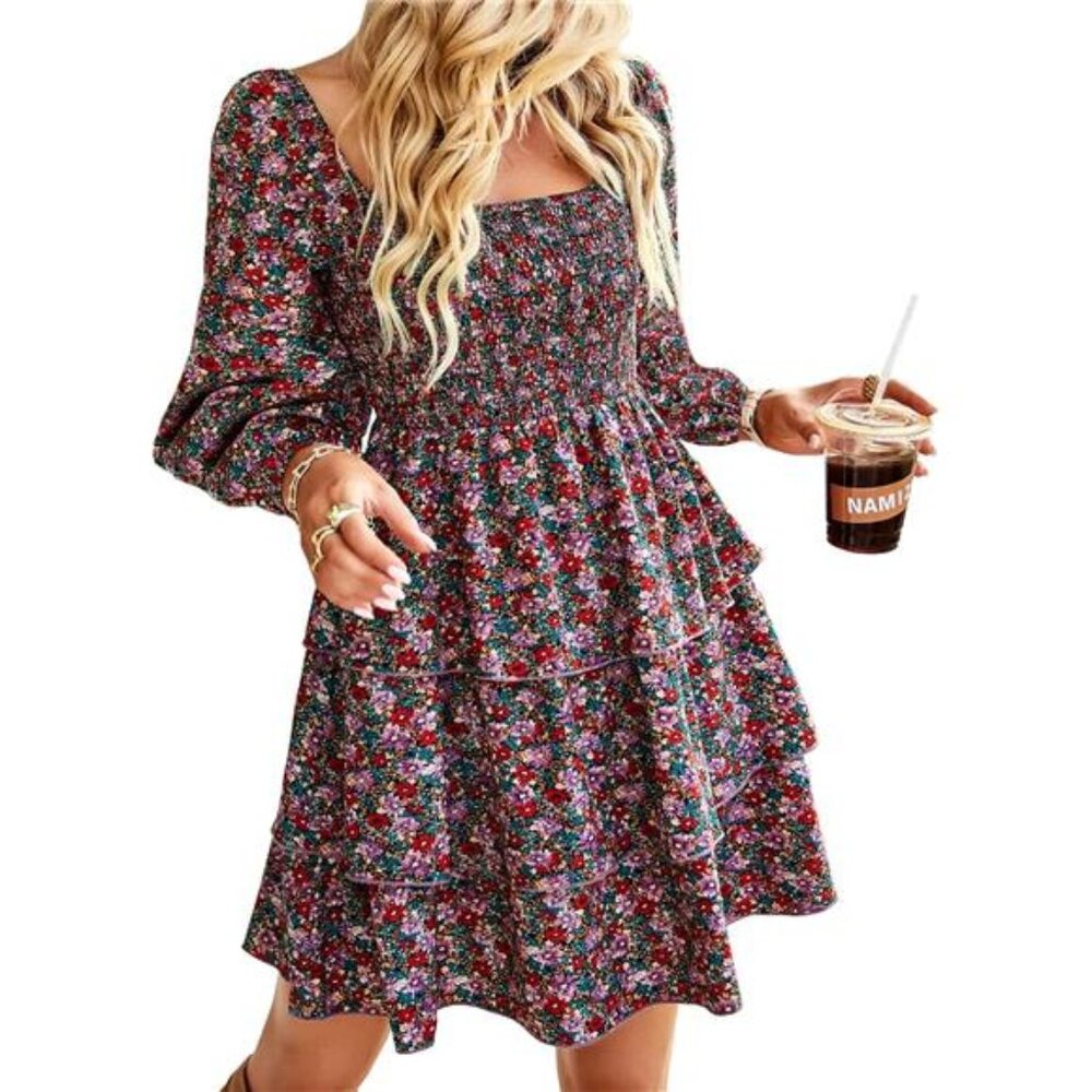 Women’s‎ Square Neck Smocked Dress 2024 - Long Sleeve, Floral Swiss Dot, Ruffle